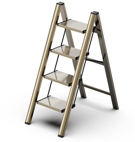 GameGem 4 Step Ladder, Folding Step Stool with Anti-Slip Wide Pedal, Aluminum Material Lightweight yet Sturdy, 150 KG Load, Cute Modern Apperance for Indoor Household Spaces, Champagne Gold
