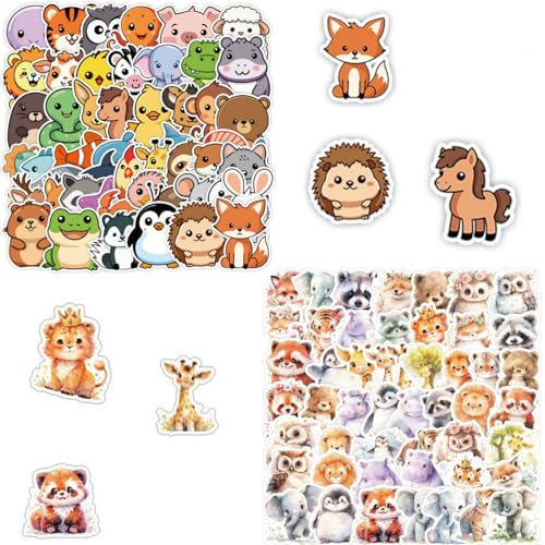 PRXYVLQT 100 Stück Süße Tiere Aufkleber Kinder,Lustige Tiermuster Aufkleber, ästhetische Wasserfest Cartoon Tier Aufkleber für Laptop, Scrapbook, Wasserflasche,Geeignet für Erwachsene Kinder