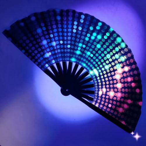 Großer Rave Faltfächer Bambus Handfächer für Damen & Herren Nylontuch UV Glow Handheld Fan für Dekoration, Hochzeit, Party, Tanz (Shinning Point)
