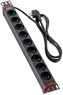 SABAJ Steckdosenleiste, 19 Zoll, mit einziehbarem Kabel – 9 Steckdosen Typ E – 2 m 230 V – drehbar um 360 Zoll – Wandmontage, Universal – Aluminium