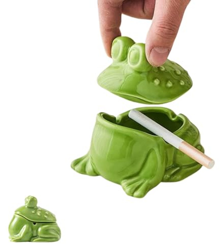 Frog Ashtray with Lid for Cigarette Ceramic Green Windproof Ash Tray for Home Office Tabletop Outside Patio Outdoor