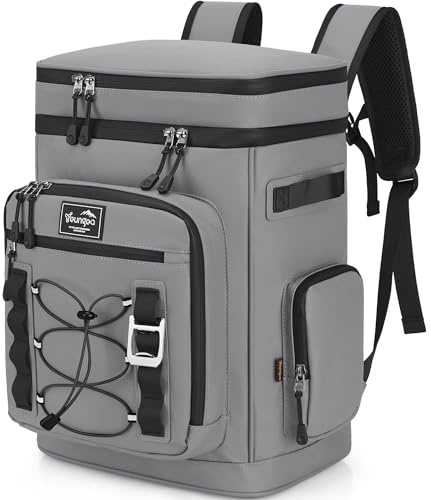 YOUNGOA 30L Cooler Backpack, Large Insulated Leakproof Picnic Backpack, Waterproof Cool Bag Rucksack for Camping/Hiking/BBQ, Grey