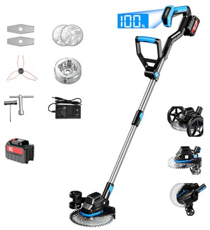 Billg Desbrozadora a Bateria,21V Desbrozadora Electrica Brushless, Pantalla LED, Mango Telescópico, Cabezal Pivotante, 2 Rueda, 3 Tipos de Cuchillas Cortabordes Bateria Portátil para Césped, Jardín