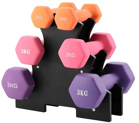 TEENO Manubrio in neoprene 1 kg 2 kg 3 kg con supporto – Set di 6 manubri per allenamento per donne e uomini, antiscivolo, fitness a casa, allenamento braccia spalle