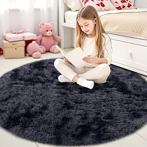 smiry Hochflor Teppich Wohnzimmer, 120cm Rund, Dunkelgrau | Waschbar Anti-Rutsch Moderner Flauschiger Kuscheliger Teppich für Wohnzimmer, Schlafzimmer, Kinderzimmer
