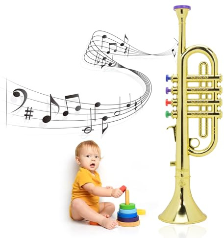 ZAWELIYO Kid -Trompete, Golden Trompete Musikinstrumente Spielzeug für Kid Kleinkind Gefälschte Plastik Vorschulmusikspielzeug, Windinstrument mit 4 Farbschlüssel für Musikalische