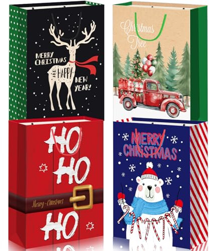DECHISY 4 Stück Weihnachtstüten Groß, Geschenktüten Weihnachten XXL, Geschenktaschen Weihnachten mit Griff, Zur Aufbewahrung von Geschenken, Partyzubehör(42 x 30 x 12 cm)