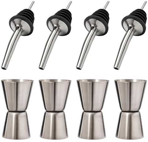 2 Pcs Stainless Steel Double Spirit Measure, Shot Measure 25ml 50ml with 4Pcs Bottle Pourers, Gin Dual Measuring Jug for Bartending Home Bar and Professional Use