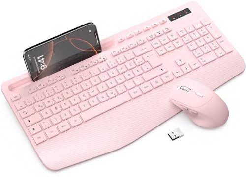SABLUTE Tastatur Maus Set Kabellos, Handgelenkauflage, Telefonhalter-Rosa | 2,4 GHz Ergonomische Tastatur in Voller Größe, Leise, Schlafmodus, Multimedia Tasten, für Window/Computer/Laptop, QWERTZ-KM23