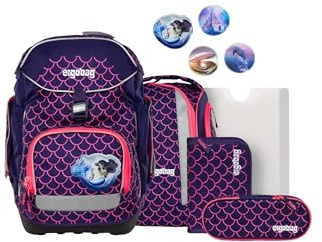 ergobag pack set Zaino scolastico ergonomico e flessibile, 6 pezzi, per la prima elementare Pearl DiveBear - Lilla