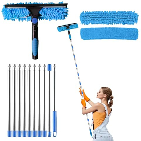 YOZAIUUI 4.5M 2-in-1 Window Cleaning Kit: Telescopic Window Cleaner with 10 Poles, Microfiber Cloth, Chenille Cloth, and Scraper for High Windows, Walls, Cars