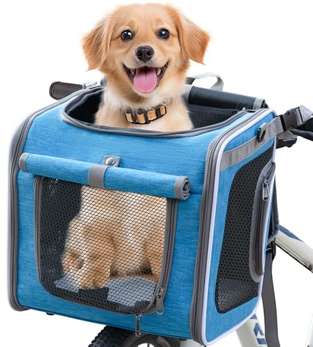 Dog Bike Basket, Expandable Soft Edge Pet Carrier Backpack, Foldable Dog Bicycle Carriers with 4 Mesh Windows, for Medium Cats&Dogs, Suitable for Cross Shaped, Shoulder and Car Seats (Blue)