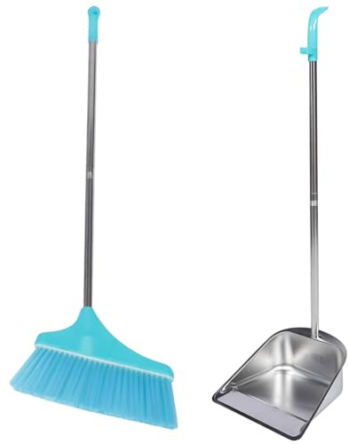 SMASOLO Heavy Duty Stainless Steel Dustpan and Supple Broom Set with Long Handle for Indoor and Outdoor Cleaning Wear-Resistant Design for Tile Floors Convenient Lightweight Storage