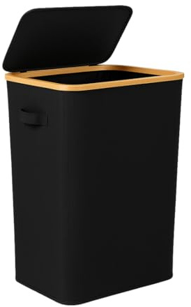 WEVOH Wäschekorb 100 L mit Deckel, herausnehmbarer Innenbeutel, mit Befestigungsklips als Gelbersack-Halter verwendbar, stabiler Bambusrahmen, platzsparend, 76 × 41 × 33 cm, Schwarz