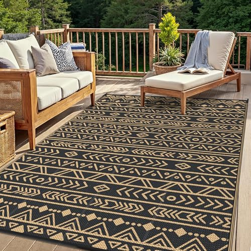 GENIMO Tappeto per Esterni 4x6 FT (122x183 cm), Tappeto Impermeabile Reversibile Boho Nero e Marrone per Balcone, Terrazza, Giardino, Campeggio – Design Boemo