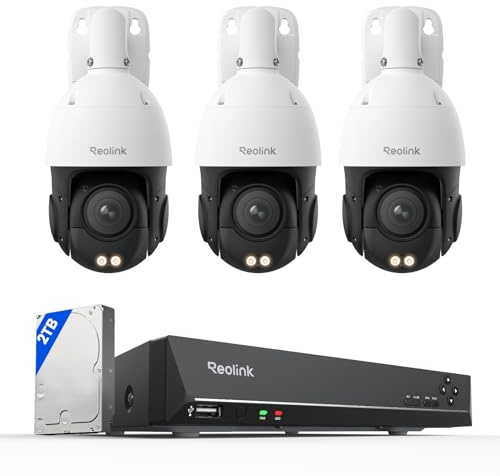 Reolink 4K 8MP UHD PTZ Outdoor Überwachungskamera PoE mit 5X 3D optischem Zoom, Auto-Tracking, Farbnachtsicht, smarte Erkennung, Zwei-Wege-Audio, 24/7 Aufzeichnung, RLC-823S1*3 mit RLN8-410
