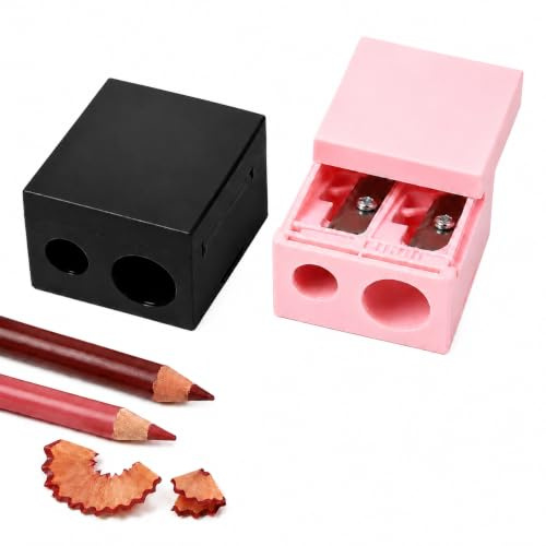 2 Pack Dual Hole Makeup Pencil Sharpener, Fits Regular & Large Lip/Eye/Brow Pencils, Perfect Points with Built-in Cleaning Pick, Portable Compact Cosmetic Sharpener, Pink&Black