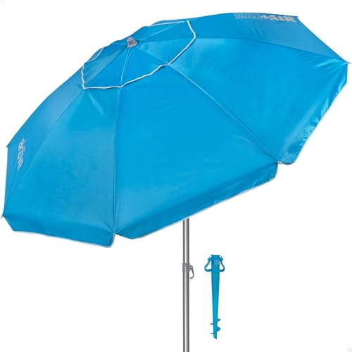 AKTIVE Parasol de plage, Ø 220 cm, bleu, protection UV50, pied inclus, toile Oxford, mât en acier 28/32 mm, 8 baleines, ventilation supérieure, housse de transport (62494)