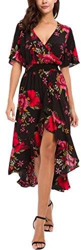 Kormei Womens Short Sleeve Floral High Low V-Neck Flowy Party Long Maxi Dress L Black&Red