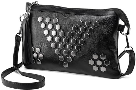 LaRechor Kleine Umhängetasche Handtasche für Damen Quaste Nieten Clutch Abendtasche Weich Leder Schwarz