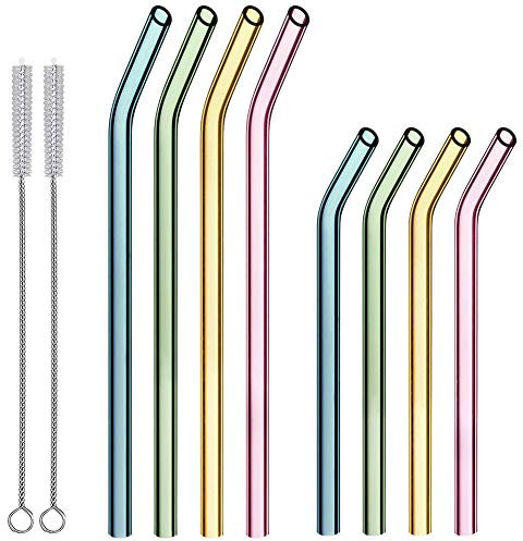 HONZUEN 8 Glass Straws, Reusable Eco Friendly BPA Free Coloured Curved Drinking Straws(7.85 and 5.9) with 2 Cleaning Brush, Easy to Clean, for 20oz/ 30oz Goblet, Milk Tea Cup, Juice Glass