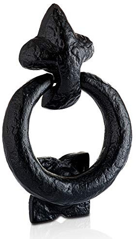 XFORT Fleur De LYS Black Antique Ring Door Knocker - Traditional Rustic Cast Iron Ring Knocker for Front Door