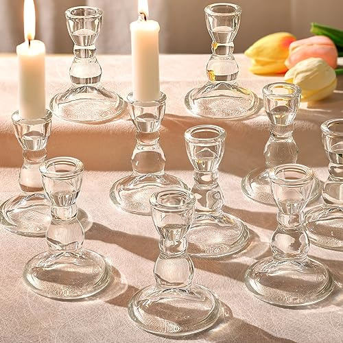Lanttu 24 Pcs Candlestick Holders Bulk, 2.56 x 3.55in Clear Taper Candle Holders, Glass Candle Holders Set for Wedding Table, Party, Windowsill Decor