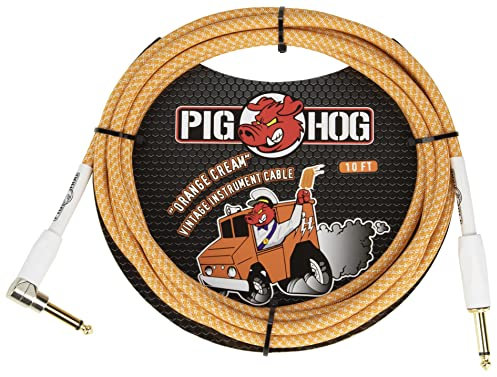 Pig Hog PCH102OCR Orange Creme 2.0-inch Instrument Cable Right Angle 1/4-1/4 Right Angle Connectors 10-Feet Woven Outer Covering