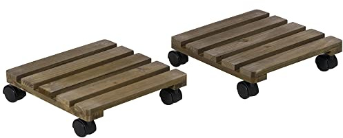 Outsunny 30L x 30W x 7Hcm 2 Pack Plant Stand with Wheels, Flowerpot Holder, Wooden Flower Display Stand for Indoor Outdoor Living Room Entryway