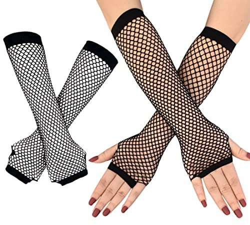 2 Paar lange Netzhandschuhe schwarz fingerlose Netzhandschuhe 80er Jahre Netzhandschuhe Armwärmer Handschuhe für Frauen Mädchen 80er Jahre Kostüm Zubehör Partyzubehör, Schwarz, One size