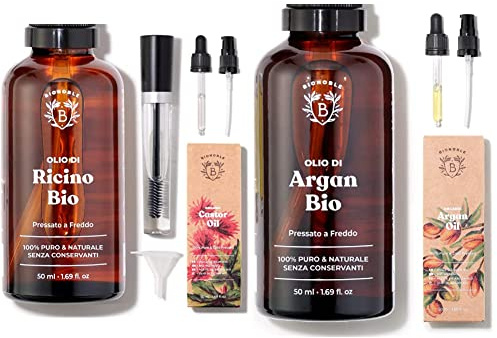 Bionoble Rizinusöl Bio 50ml & Arganöl Bio 50ml - 100% Rein, Natürlich und Kaltgepresst - Gesicht, Körper, Haar, Bart, Nägel - Vegan und Cruelty Free - Argan Oil - Glasflasche + Pipette + Pumpe