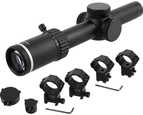FOCUHUNTER 1-8x24 Optik Zielfernrohr, rotes Absehen 11 Level Suchervisier, grüne Linsenvergütung, mit Zoomhebel, 20mm Picatinny Weaver Montage Ringe & 11mm Schwalbenschwanz Montage Ring (Schwarz)