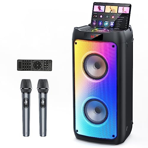JYX Karaoke Machine with 2 Wireless Microphones | Portable Bluetooth 5.3 Speaker with TWS, PA System, Subwoofer, Disco Lights | Support SD Card, USB, AUX, REC, EQ, Remote | for Home/Gathering/Party