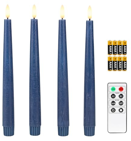 Fanna 4 flamlösa LED avsmalnande ljus med timer i äkta vax, batteridrivna rustika metalliska middagsljus med fjärrkontroll, 8 batterier ingår – H 24,5 cm – mörkblå