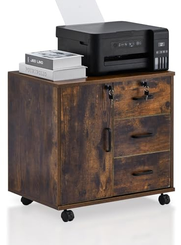 TUKAILAI Rollcontainer Abschließbar Weiß, 3 Schubladen, Türfach, 4 Rollen | Mobiler Aktenschrank für Büro und Home Office, Schublade mit Schloss, MDF Tischplatte 60x40 cm, Vintage Braun