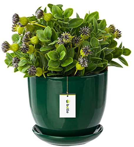 botle Pot de fleurs en céramique peint à la main Vert Diamètre 215 mm Avec soucoupe Trou d'évacuation de l'eau
