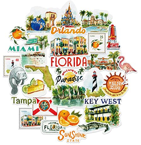 Navy Peony Retro Florida State Reiseaufkleber (31 Stück) – Aquarell, wasserdicht, Amerika-Urlaubsaufkleber für Scrapbooks, Journale, Koffer