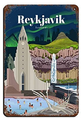 Lsjuee Cartel de metal de viaje Islandia Reykjavík Cartel de metal Viaje de la ciudad Paisaje de pared para el hogar Oficina Jardín Hombre Cueva Club Café Bar Deco