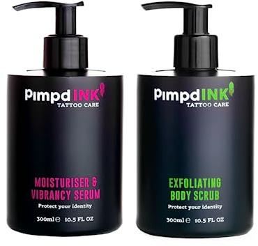 PimpdINK Tattoo Aftercare Kit Bundle | Moisturiser & Vibrancy Serum + Exfoliating Body Scrub(300ml Pump Bottle)