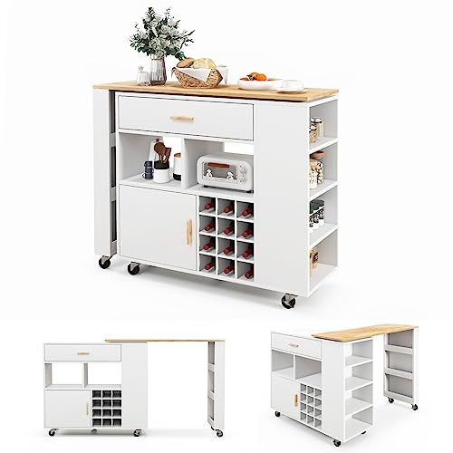 TANGZON Large Kitchen Island on Wheels, 2-in-1 Reversible Rolling Storage Trolley Bar Table Combo with Cabinet, Drawer, Rubber Wood Worktop, Adjustable & Open Shelves, Utility Serving Cart (White)