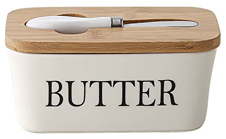 Large Butter Dish with Wooden Lid and Knife, Porcelain Butter Box Container, Ceramics Airtight Butter Keeper, Multi-Functional Butter Dishes, Butter Holder with Covers for Butter, Nuts, Cheese (White)