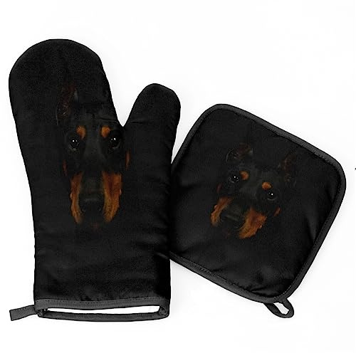 Gants De Four Et Maniques Cuisine Chien Dobermann Pinscher Ensemble De Cuisine avec Imprimer Gants De Four Résistant À La Chaleur 1 Cuisson Gant À Four + 1 Manique, pour Four, Griller