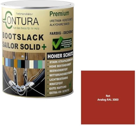 Contura Bootslack Farbig SEIDENMATT Yacht- Buntlack Metall Holz GFK Holzlack Boot Farblos (Rot - RAL 3000 Analog, 1 Liter)