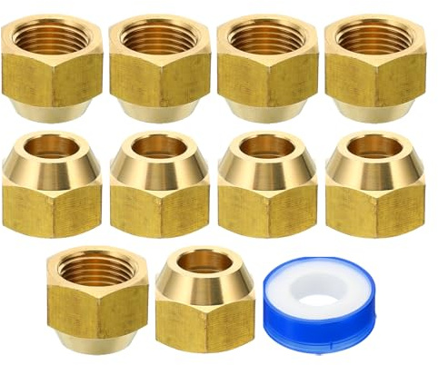 PATIKIL Dado a Compressione Ottone 1/2 SAE, 10pz Raccordo a Tubo Flangiato Rame a 45 Gradi Raccordo a Tubo in Ottone con Tappo Nastro per Condizionatori d'Aria Linee Acqua Gas, Lucido