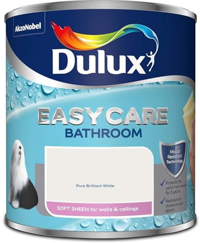 AMK® Dulux Bathroom Paint Soft Sheen Pure Brilliant White 1L Easycare Mould Steam Resistant Washable Durable Finish for Interior Walls Ceilings Moisture Protection