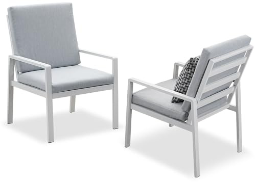 LANOX 2er Set Aluminium Gartenstuhl mit Kissen, Weiß | Aluminium, 2er Set, 6 cm Sitz- & Rückenkissen, UV-beständig, für Balkon & Terrasse