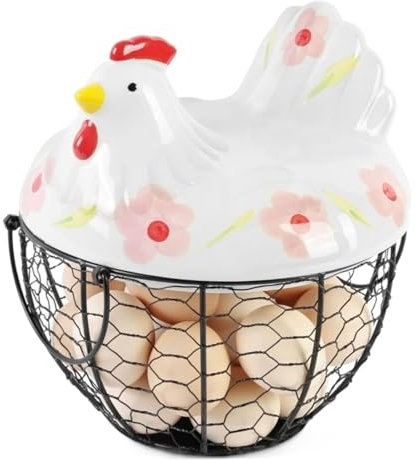 HYKJCSS Huevera Gallina Cesta Decorativa para Huevos, Tapa De Pollo De Cerámica con Cesta De Alambre, Soporte para Cesta De Frutas, Decoración para Cocina Hueveras