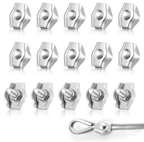 QIBZI Abrazaderas de cuerda de cable, abrazadera de cable de acero inoxidable, abrazadera de cable de acero inoxidable, portabrocas de cable M2 plateado (15 piezas)