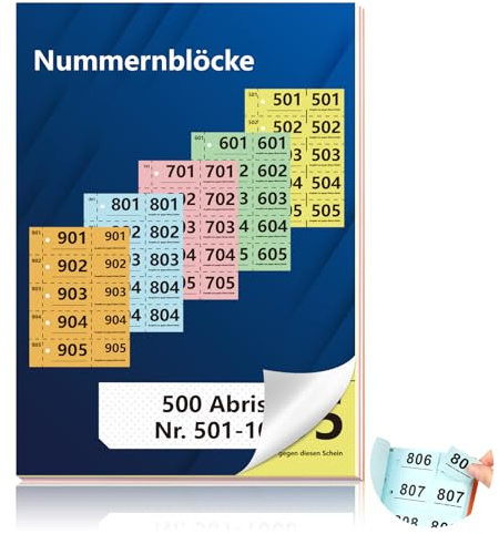 Doppelnummern 501-1000 Nummern Zahlen 14.8X10.5cm Nummernblock A6 Garderobenmarken Doppelnummern mit Loch Nummernblöcke Tombola Lose Tombola Nummeriert Doppelnummernblock Rot Orange Gelb Grün Blau