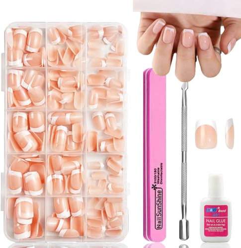 French False Nails Short - 240Pcs Square Press On Nails Kit for Women Girls - Fake Nails with White Tip, Stick on & Glue on Full Cover - French Manicure Decorations